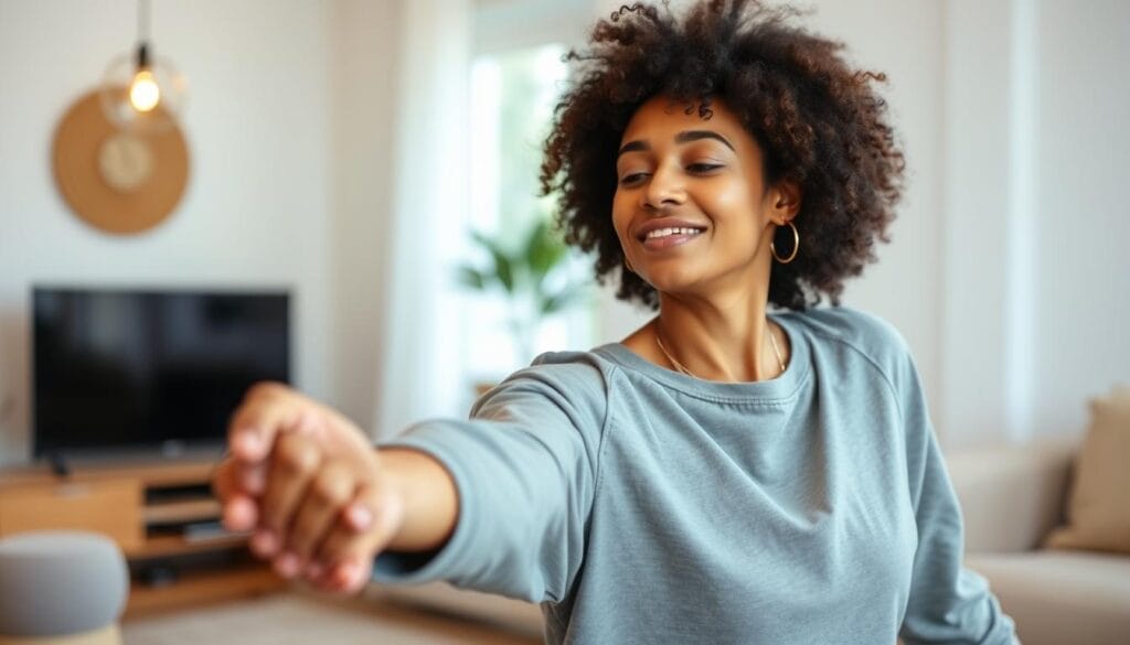 Pessoa realizando alongamentos diários em casa com expressão de relaxamento