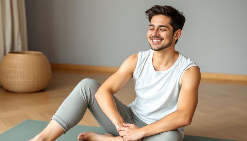 Pessoa relaxada após completar rotina de alongamentos diários Pessoa relaxada após completar rotina de alongamentos diários