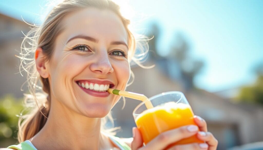 Pessoa sorrindo enquanto bebe um smoothie saudável em um ambiente ensolarado Pessoa sorrindo enquanto bebe um smoothie saudável em um ambiente ensolarado