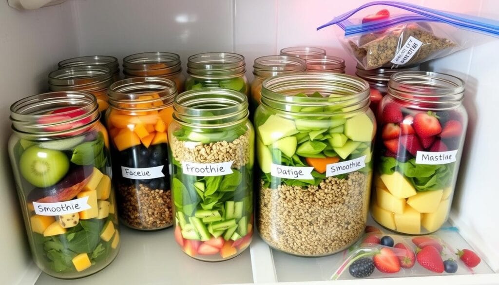 Potes de vidro com ingredientes pré-preparados para smoothies organizados em uma geladeira Potes de vidro com ingredientes pré-preparados para smoothies organizados em uma geladeira