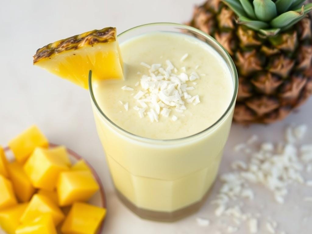 Smoothie amarelo claro de abacaxi e coco em um copo decorado com fatias de abacaxi e coco ralado Smoothie amarelo claro de abacaxi e coco em um copo decorado com fatias de abacaxi e coco ralado