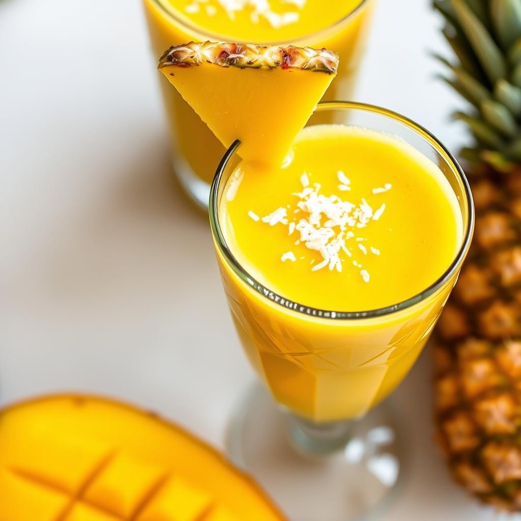 Smoothie amarelo de manga e abacaxi em um copo decorado Smoothie amarelo de manga e abacaxi em um copo decorado