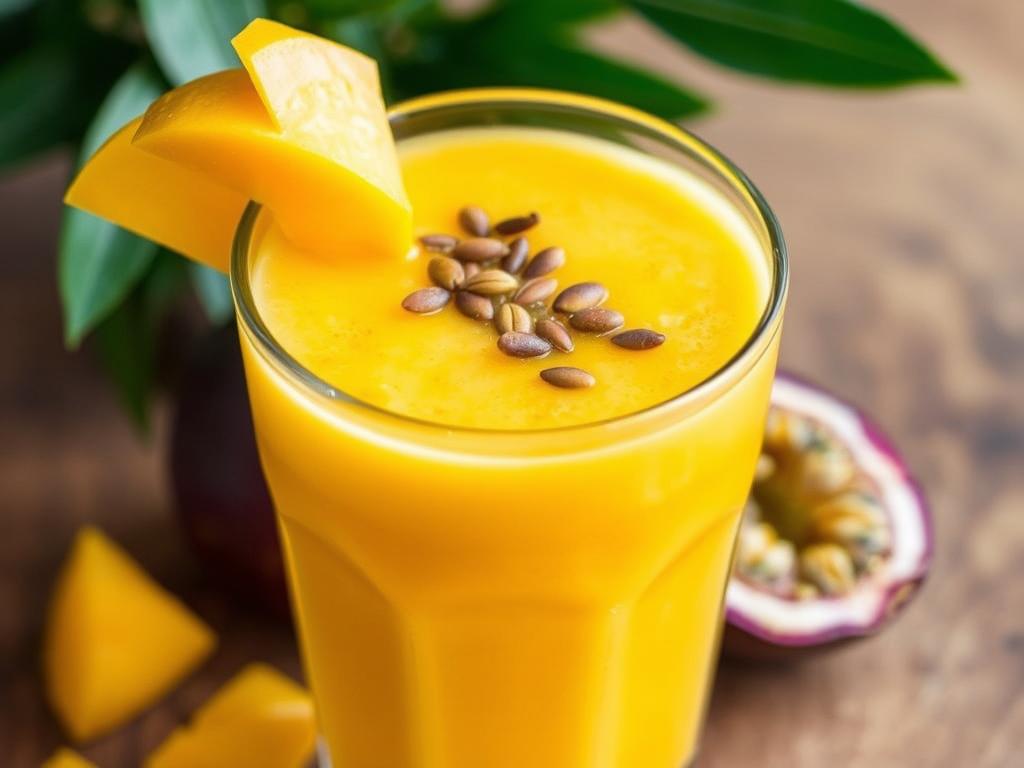 Smoothie amarelo de manga e maracujá em um copo decorado com fatias de manga e sementes de maracujá Smoothie amarelo de manga e maracujá em um copo decorado com fatias de manga e sementes de maracujá