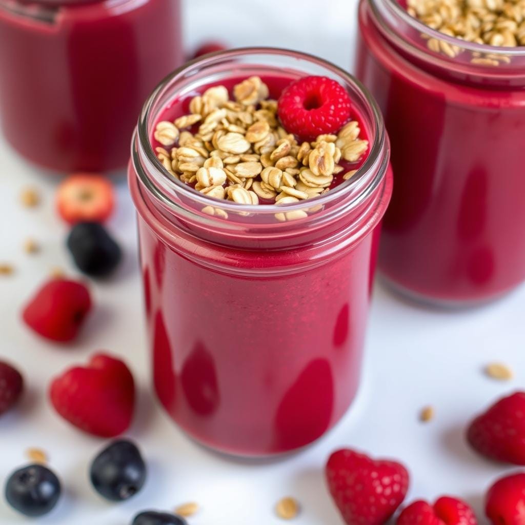 Smoothie de frutas vermelhas com granola por cima Smoothie de frutas vermelhas com granola por cima