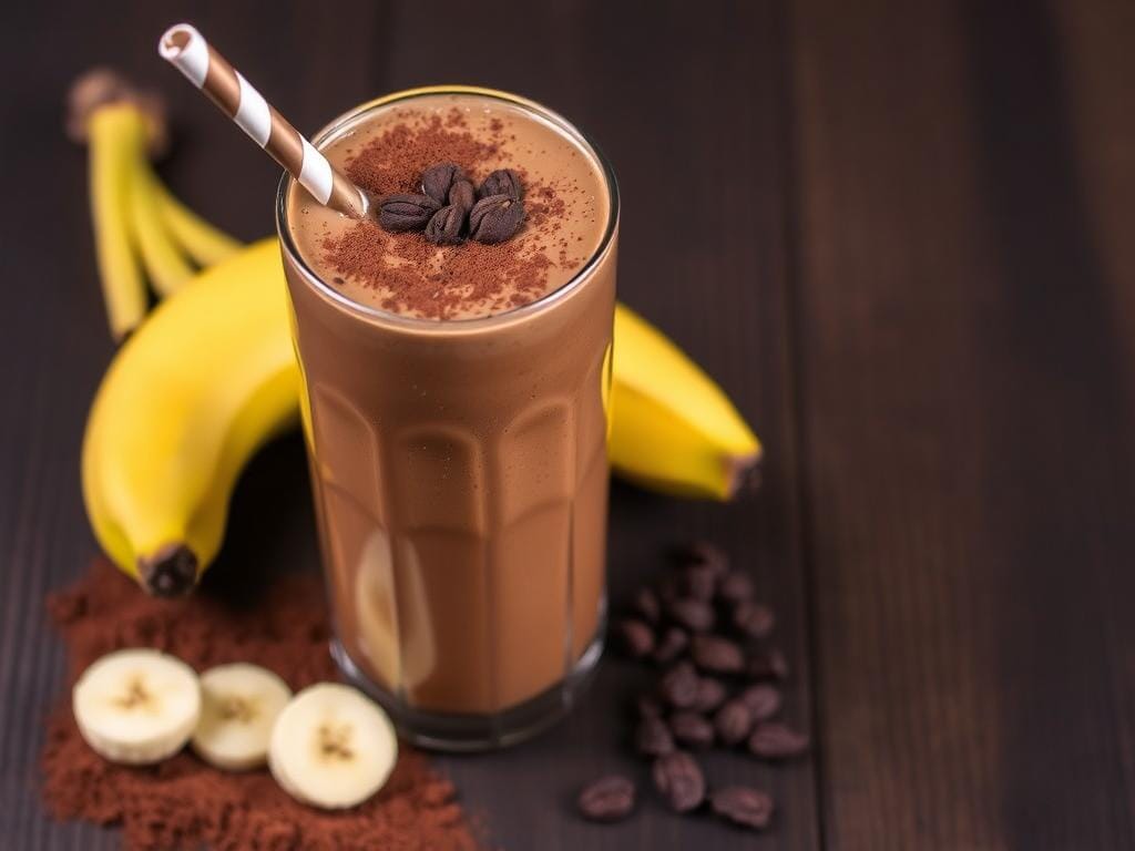 Smoothie marrom de cacau e banana em um copo com canudo, decorado com lascas de cacau Smoothie marrom de cacau e banana em um copo com canudo, decorado com lascas de cacau