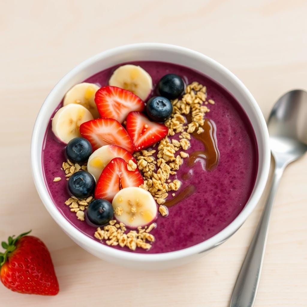 Smoothie roxo de açaí em uma tigela com frutas frescas Smoothie roxo de açaí em uma tigela com frutas frescas