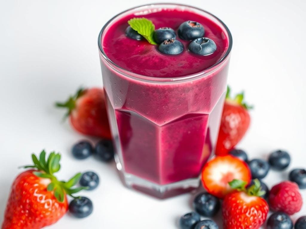 Smoothie roxo de frutas vermelhas em um copo com morangos e mirtilos frescos ao redor Smoothie roxo de frutas vermelhas em um copo com morangos e mirtilos frescos ao redor