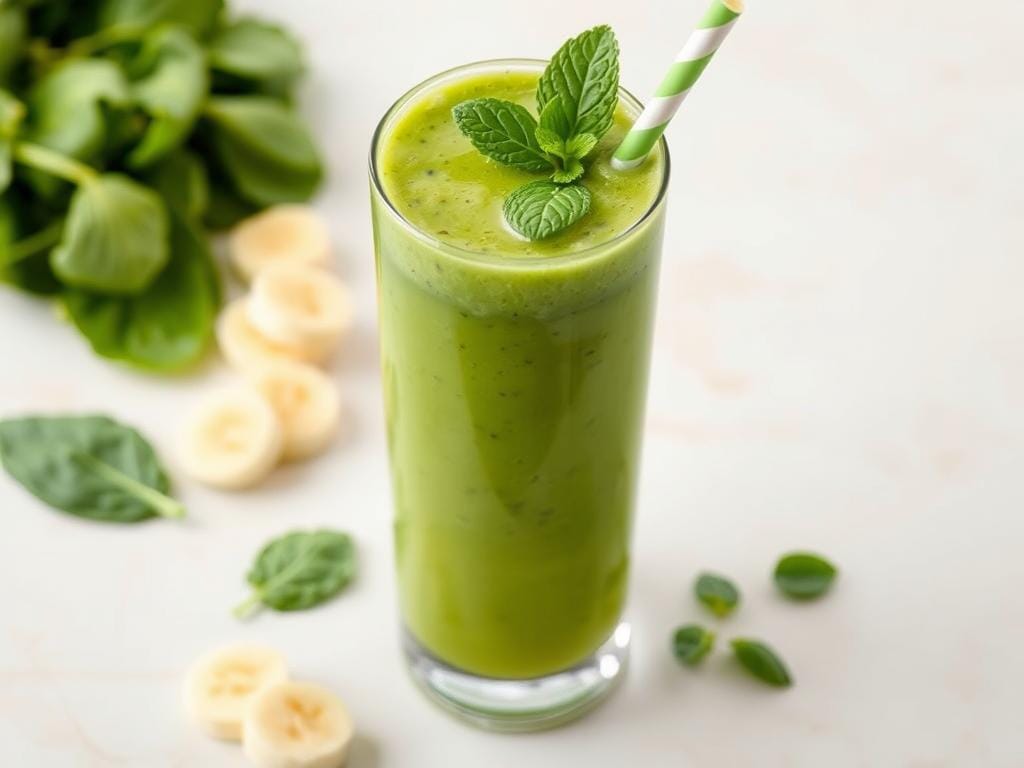 Smoothie verde de banana e espinafre em um copo alto com canudo, decorado com folhas de hortelã Smoothie verde de banana e espinafre em um copo alto com canudo, decorado com folhas de hortelã