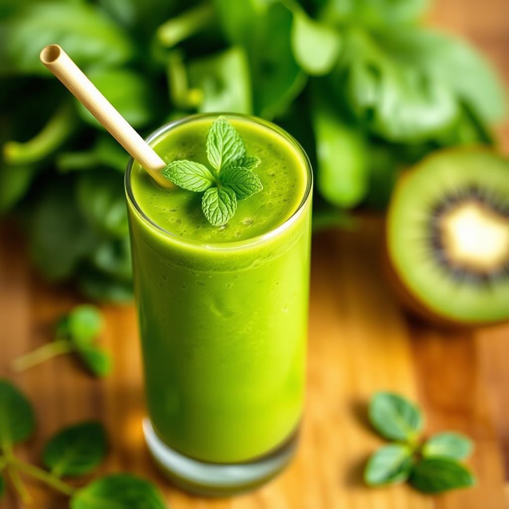 Smoothie verde em um copo alto com canudo de bambu Smoothie verde em um copo alto com canudo de bambu