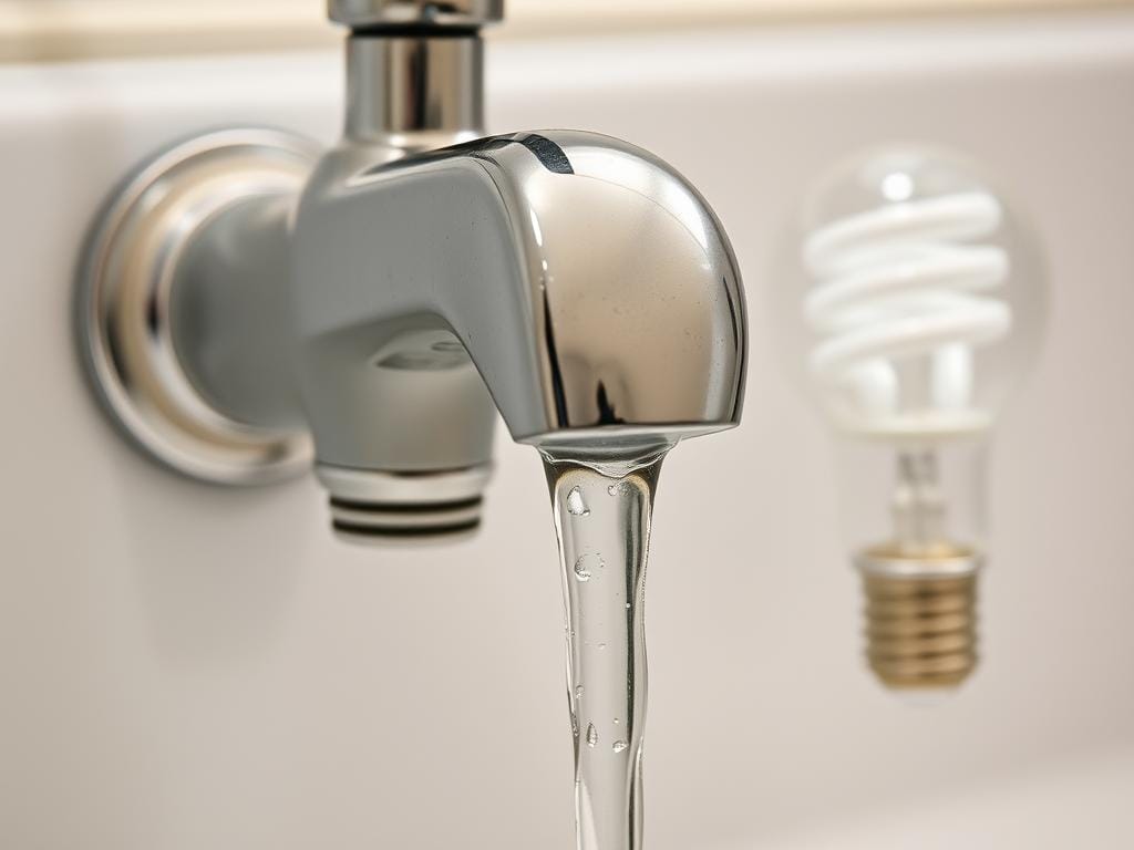 Torneira com dispositivo economizador de água e lâmpada LED representando economia de recursos Torneira com dispositivo economizador de água e lâmpada LED representando economia de recursos