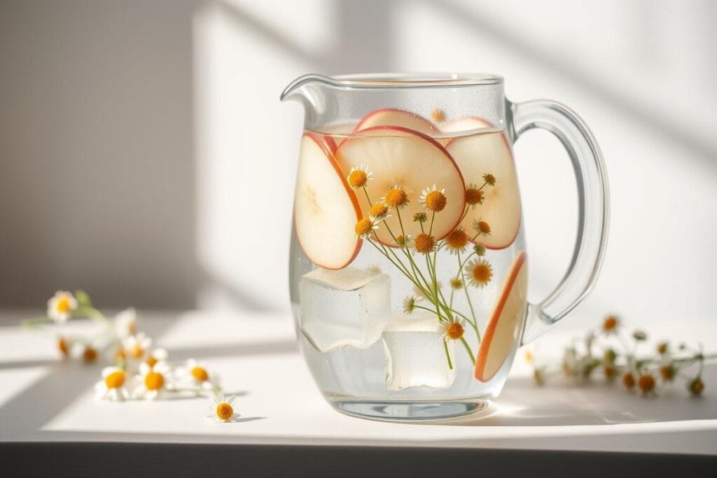 Água saborizada com fatias de maçã e flores de camomila Água saborizada com fatias de maçã e flores de camomila