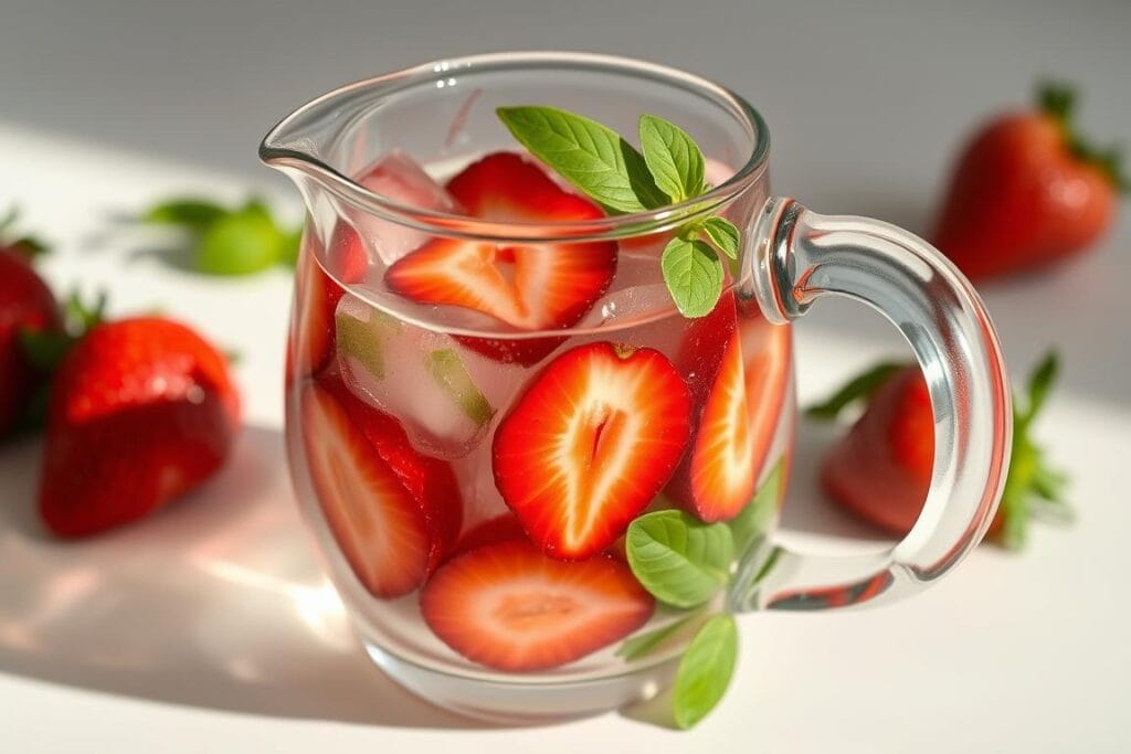 Água saborizada com morangos e folhas de manjericão Água saborizada com morangos e folhas de manjericão