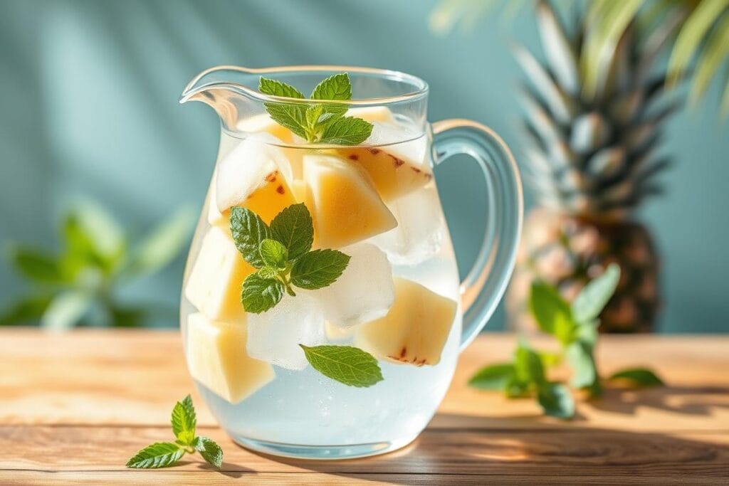 Água saborizada com pedaços de abacaxi e folhas de hortelã Água saborizada com pedaços de abacaxi e folhas de hortelã