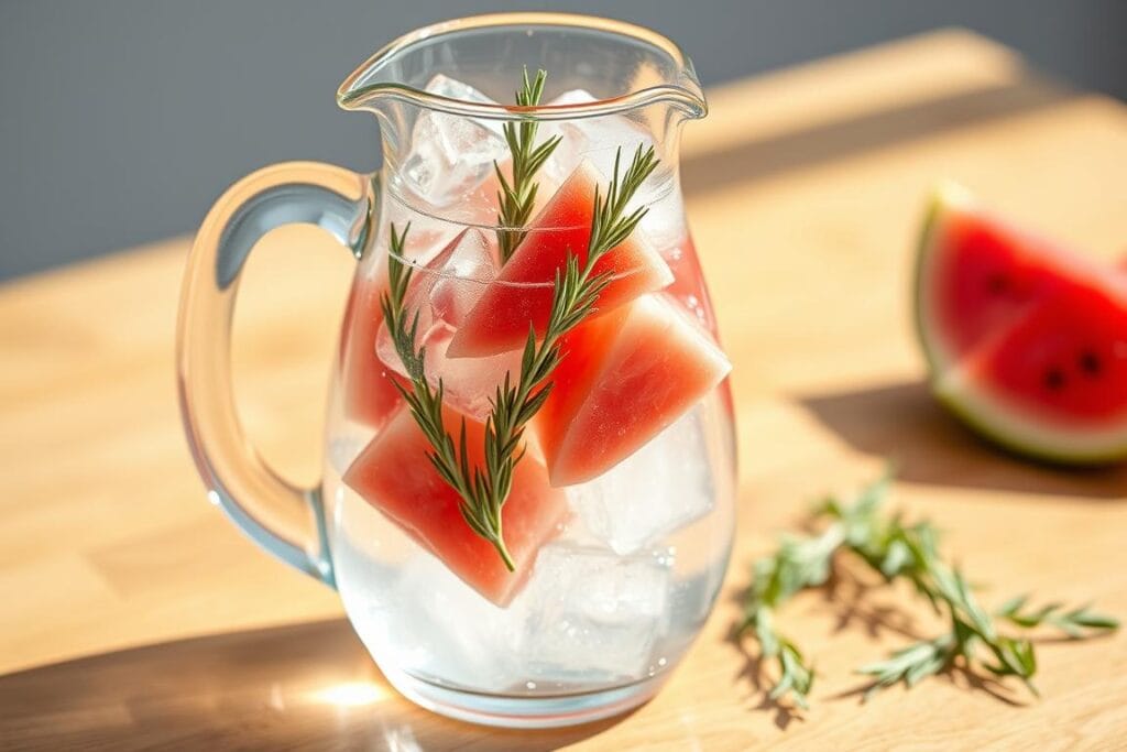 Água saborizada com pedaços de melancia e ramos de alecrim Água saborizada com pedaços de melancia e ramos de alecrim