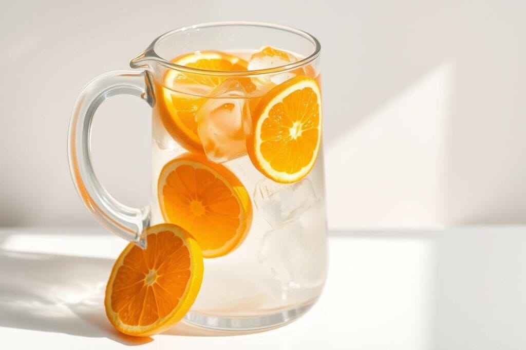 Água saborizada com rodelas de laranja e gengibre Água saborizada com rodelas de laranja e gengibre