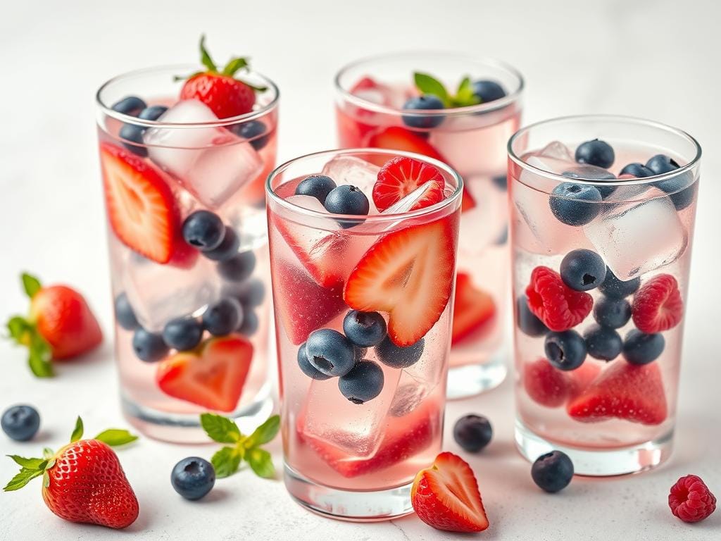 Água saborizada natural com frutas vermelhas em copos transparentes Água saborizada natural com frutas vermelhas em copos transparentes