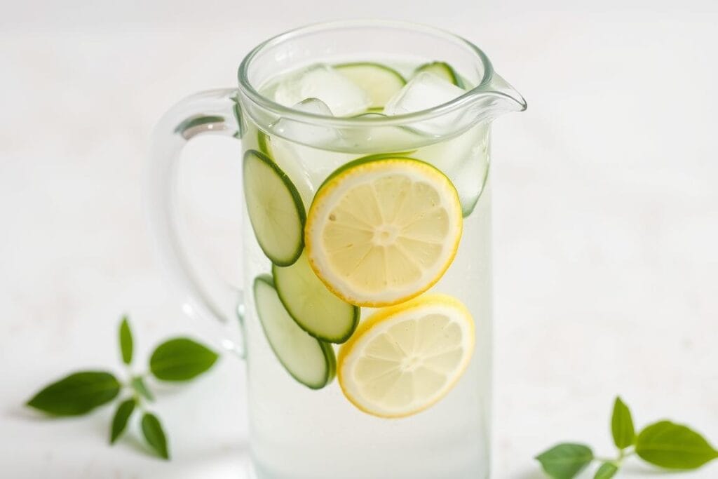 Água saborizada natural com rodelas de limão e pepino Água saborizada natural com rodelas de limão e pepino