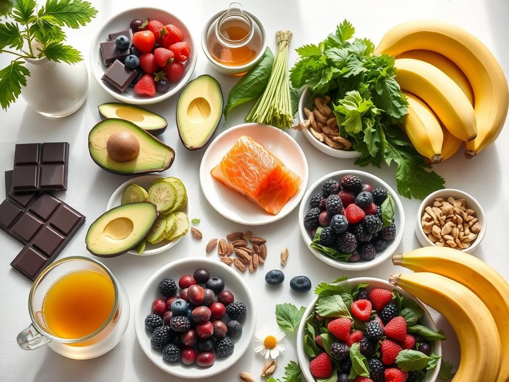 Alimentos que ajudam na redução de ansiedade e estresse organizados em uma mesa Alimentos que ajudam na redução de ansiedade e estresse organizados em uma mesa