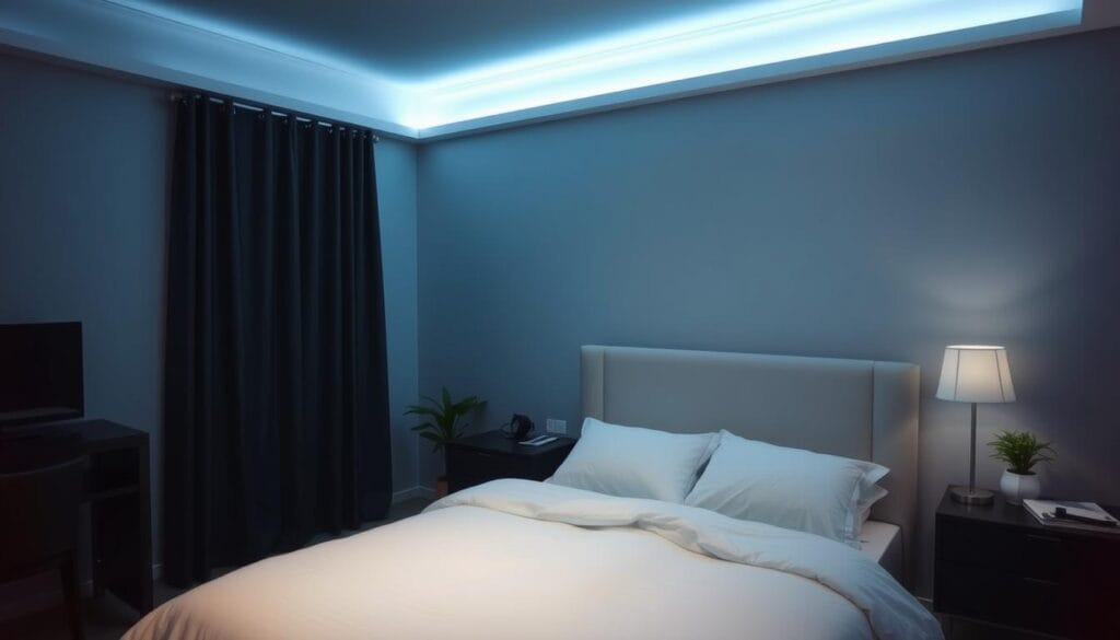 Ambiente de quarto preparado para um sono de qualidade, contribuindo para a redução de ansiedade e estresse Ambiente de quarto preparado para um sono de qualidade, contribuindo para a redução de ansiedade e estresse