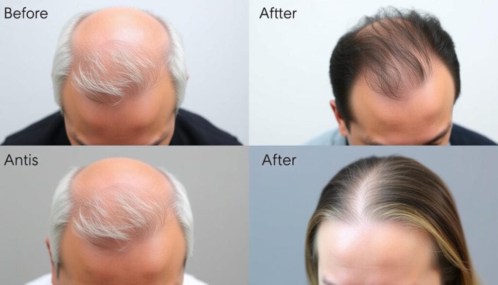 Colagem de fotos antes e depois de usuários do Folifix mostrando resultados visíveis Colagem de fotos antes e depois de usuários do Folifix mostrando resultados visíveis