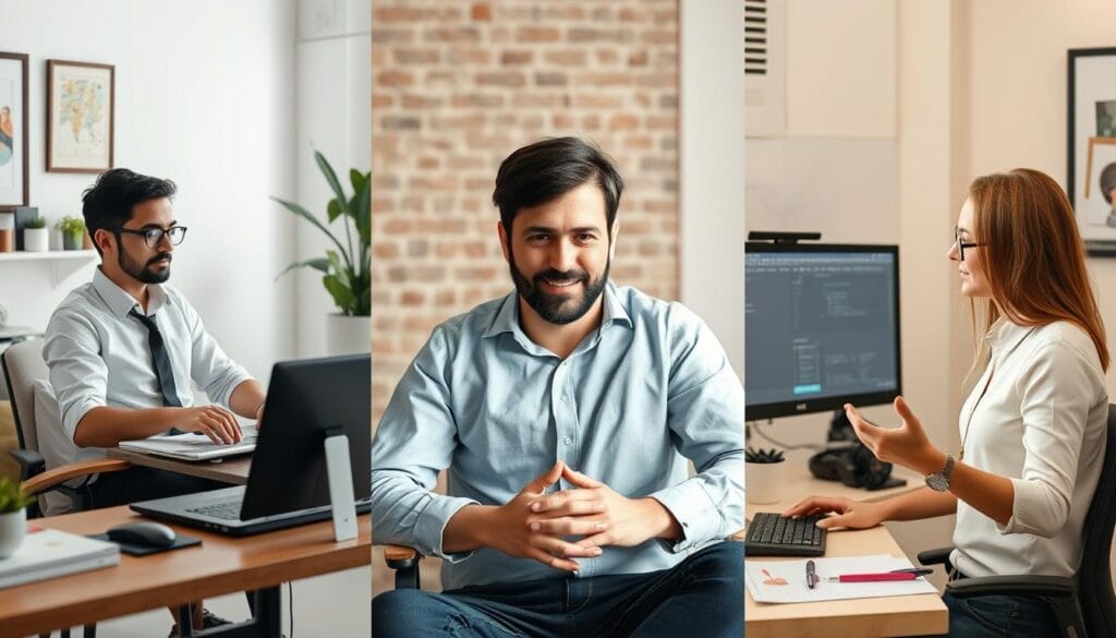 Colagem mostrando diferentes profissionais aplicando a Técnica Pomodoro Adaptada para o Bem-estar em seus ambientes de trabalho Colagem mostrando diferentes profissionais aplicando a Técnica Pomodoro Adaptada para o Bem-estar em seus ambientes de trabalho