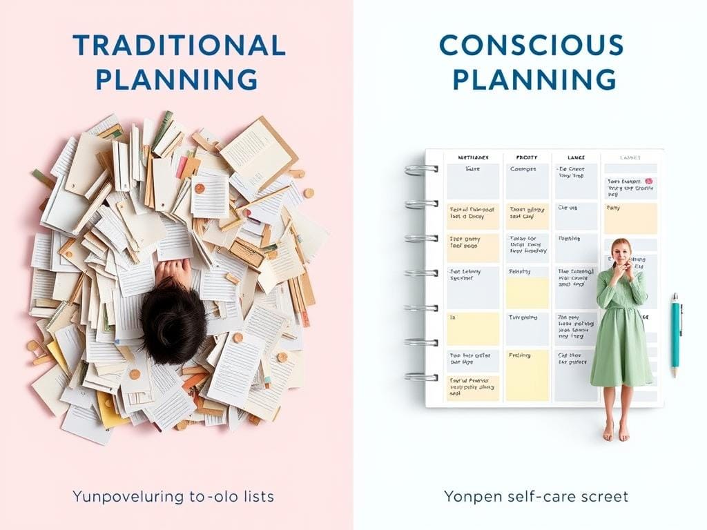 Comparação entre planejamento tradicional e Planejamento Semanal Consciente mostrando diferenças de abordagem Comparação entre planejamento tradicional e Planejamento Semanal Consciente mostrando diferenças de abordagem