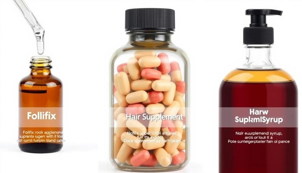 Comparação visual entre diferentes formatos de suplementos capilares: gotas, comprimidos e xaropes Comparação visual entre diferentes formatos de suplementos capilares: gotas, comprimidos e xaropes