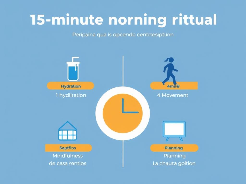 Componentes do ritual matinal de 15 minutos ilustrados em um infográfico Componentes do ritual matinal de 15 minutos ilustrados em um infográfico