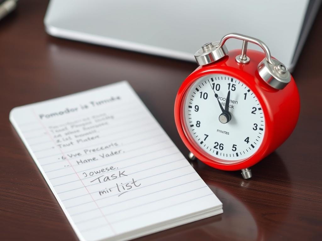 Cronômetro tradicional da Técnica Pomodoro mostrando 25 minutos ao lado de um bloco de notas com lista de tarefas Cronômetro tradicional da Técnica Pomodoro mostrando 25 minutos ao lado de um bloco de notas com lista de tarefas