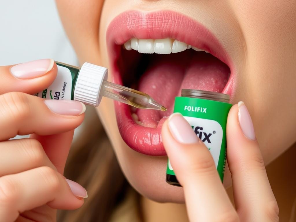 Demonstração da aplicação correta das gotas de Folifix embaixo da língua Demonstração da aplicação correta das gotas de Folifix embaixo da língua