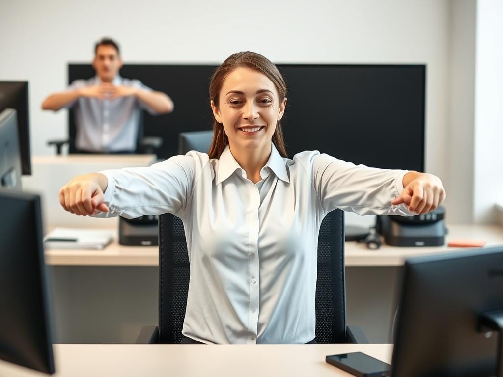 Demonstração da postura de braços de águia para yoga no escritório Demonstração da postura de braços de águia para yoga no escritório