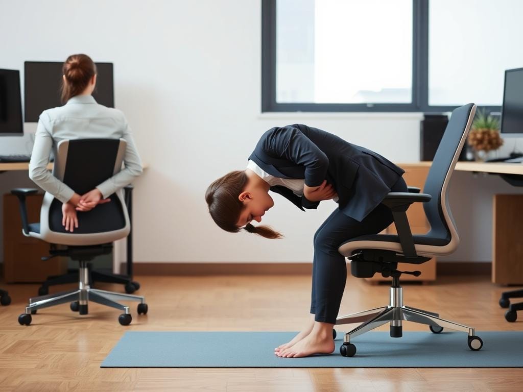 Demonstração da postura de flexão para frente sentado para yoga no escritório Demonstração da postura de flexão para frente sentado para yoga no escritório