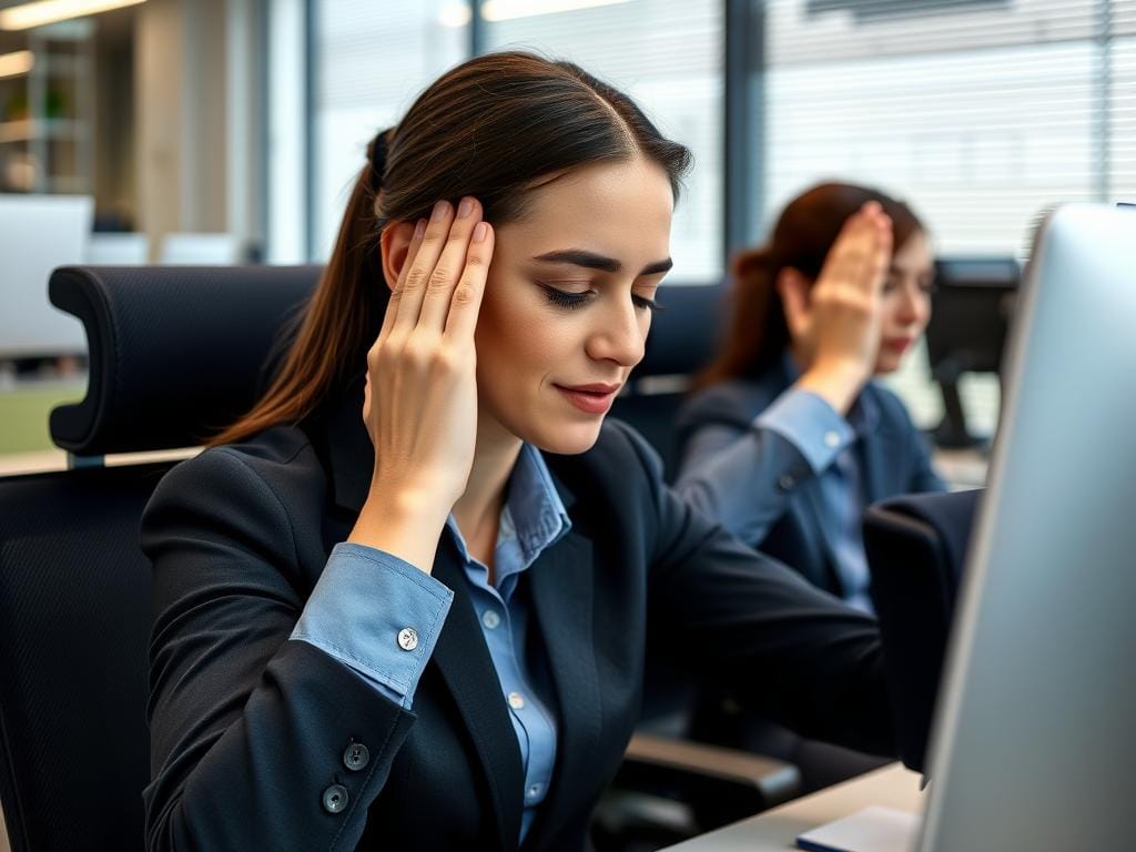 Demonstração da postura de fricção das têmporas para yoga no escritório Demonstração da postura de fricção das têmporas para yoga no escritório