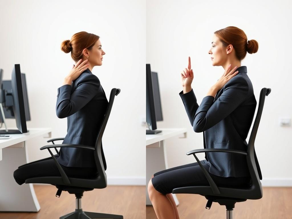 Demonstração da postura de rotação do pescoço para yoga no escritório Demonstração da postura de rotação do pescoço para yoga no escritório