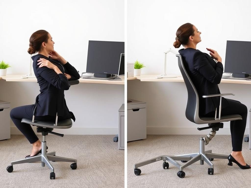 Demonstração da postura de torção da coluna sentado para yoga no escritório Demonstração da postura de torção da coluna sentado para yoga no escritório