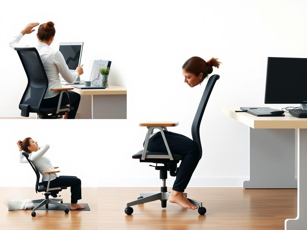 Demonstração da postura do alongamento da vaca para yoga no escritório Demonstração da postura do alongamento da vaca para yoga no escritório