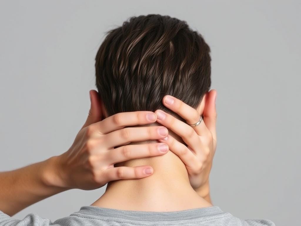 Demonstração de automassagem para relaxar a região do pescoço Demonstração de automassagem para relaxar a região do pescoço