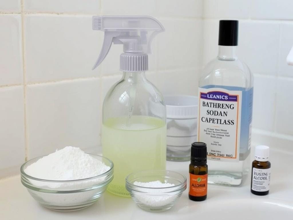 Desinfetante natural para banheiro em frasco com bicarbonato, álcool e óleo essencial Desinfetante natural para banheiro em frasco com bicarbonato, álcool e óleo essencial