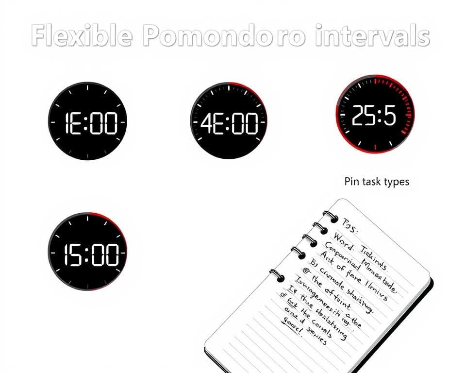 Diferentes configurações de temporizadores mostrando intervalos flexíveis da Técnica Pomodoro Adaptada para o Bem-estar Diferentes configurações de temporizadores mostrando intervalos flexíveis da Técnica Pomodoro Adaptada para o Bem-estar