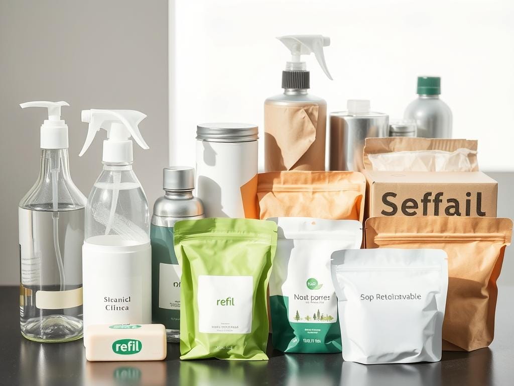 Diferentes tipos de embalagens sustentáveis para produtos de limpeza em uma rotina de limpeza sustentável Diferentes tipos de embalagens sustentáveis para produtos de limpeza em uma rotina de limpeza sustentável