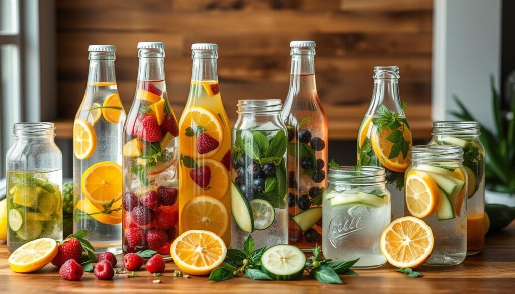 Diversas garrafas de água saborizada natural com diferentes combinações de frutas e ervas Diversas garrafas de água saborizada natural com diferentes combinações de frutas e ervas