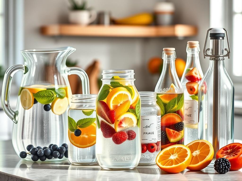 Diversos recipientes para preparar água saborizada natural Diversos recipientes para preparar água saborizada natural