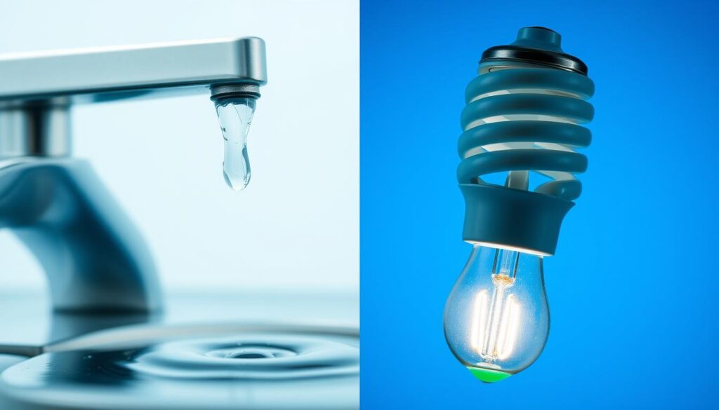 Economia de água e energia com torneira e lâmpada economizadora