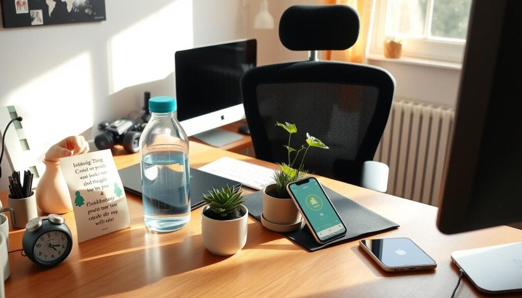 Espaço de trabalho organizado com elementos da Técnica Pomodoro Adaptada para o Bem-estar: temporizador, garrafa de água, planta e lembretes de postura Espaço de trabalho organizado com elementos da Técnica Pomodoro Adaptada para o Bem-estar: temporizador, garrafa de água, planta e lembretes de postura