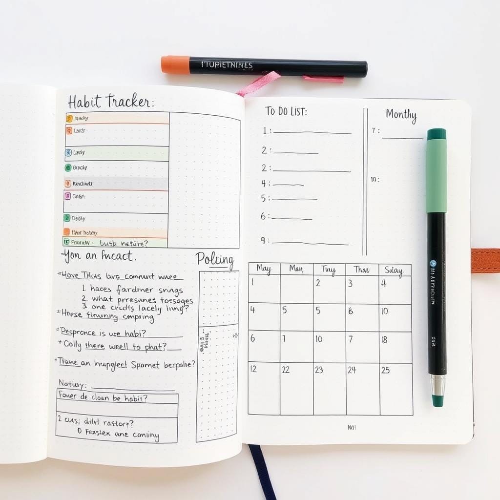 Exemplo de página de bullet journal com rastreadores e listas