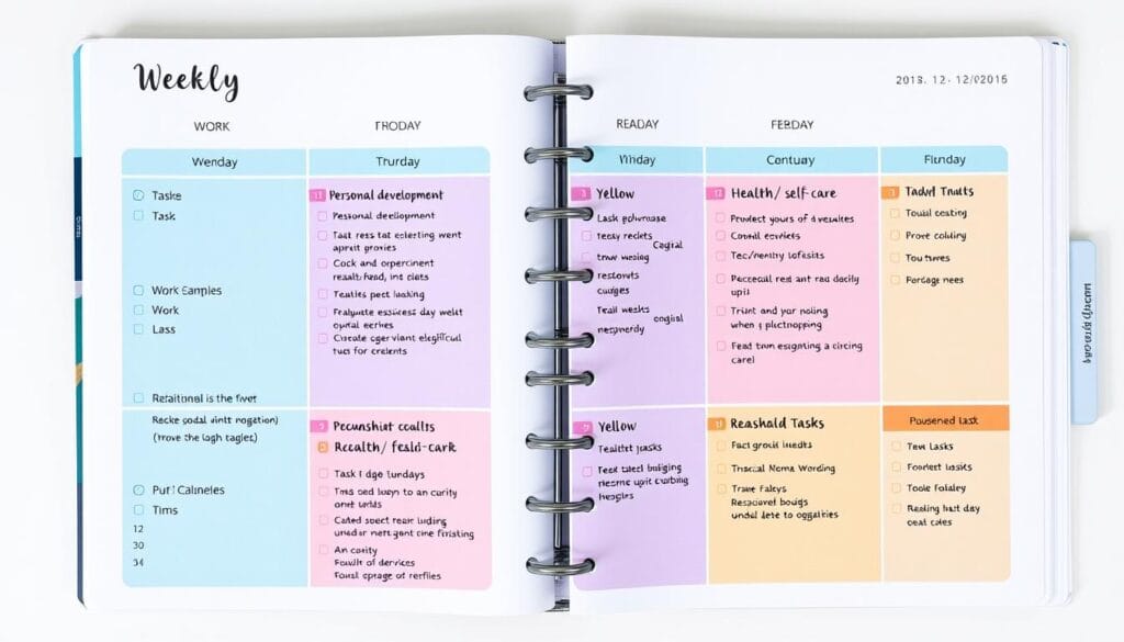 Exemplo visual de um Planejamento Semanal Consciente com divisão por categorias Exemplo visual de um Planejamento Semanal Consciente com divisão por categorias