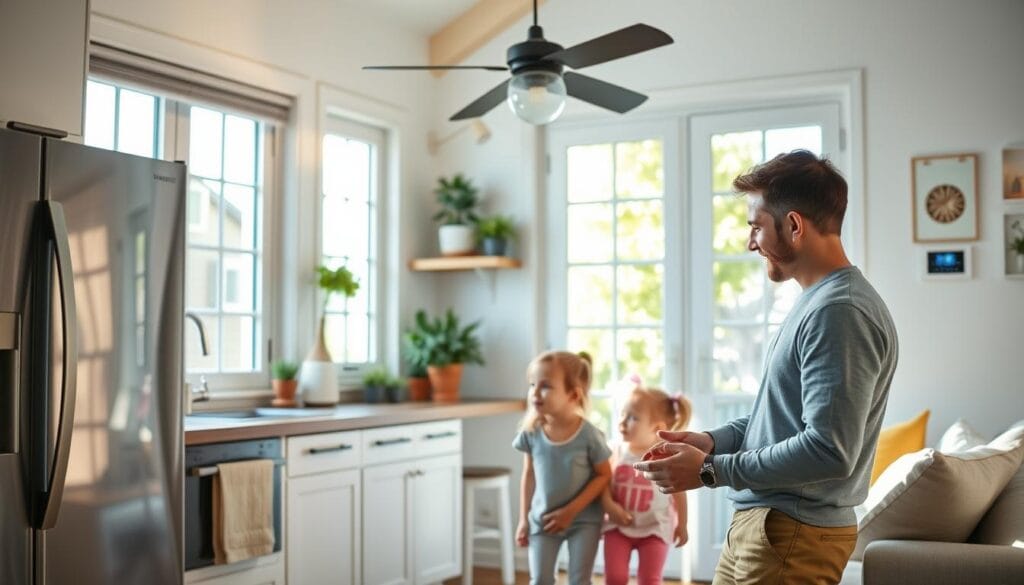 Família economizando energia em casa com lâmpadas LED e aparelhos eficientes