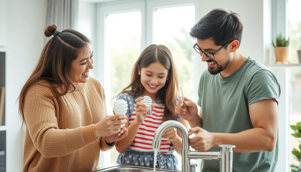 Família implementando medidas de economia de água e energia em casa Família implementando medidas de economia de água e energia em casa