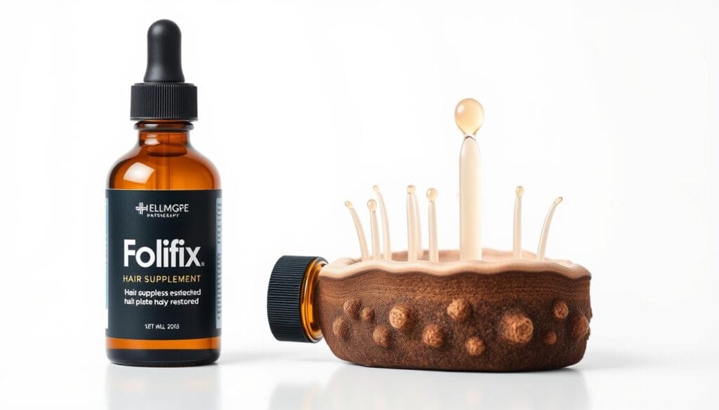Frasco de Folifix suplemento capilar em gotas com ilustração de folículos capilares restaurados