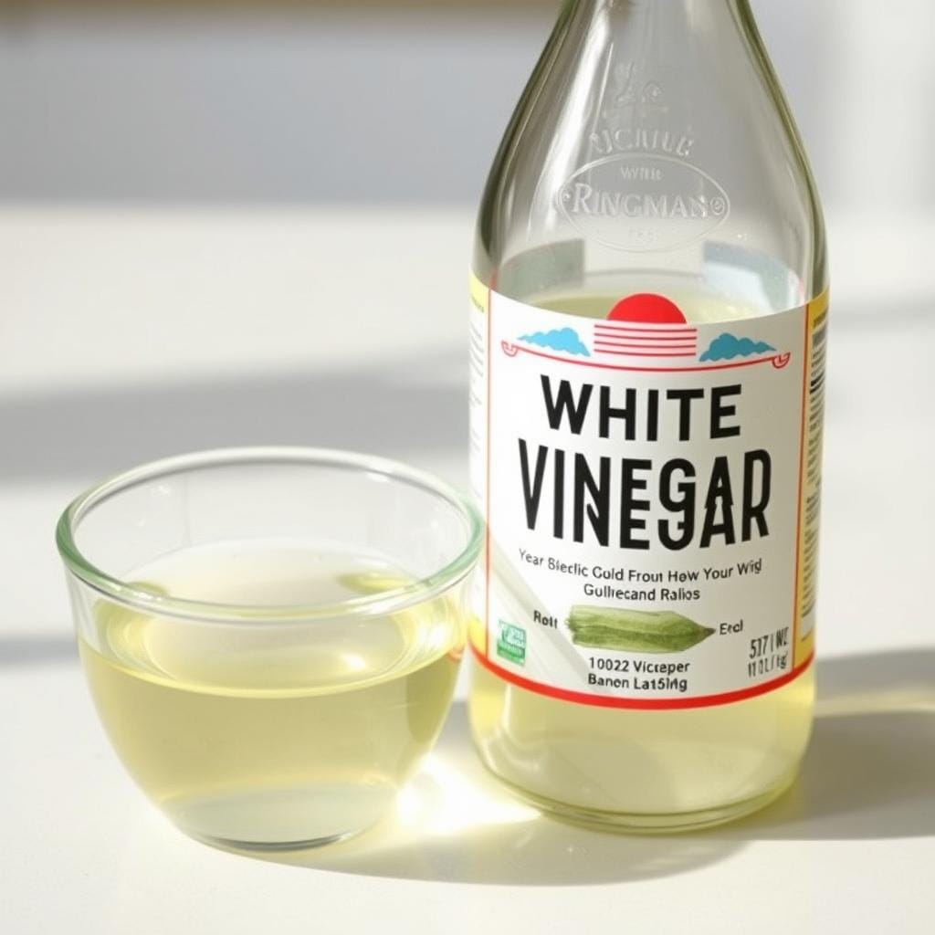 Garrafa de vinagre branco ao lado de uma tigela com vinagre Garrafa de vinagre branco ao lado de uma tigela com vinagre